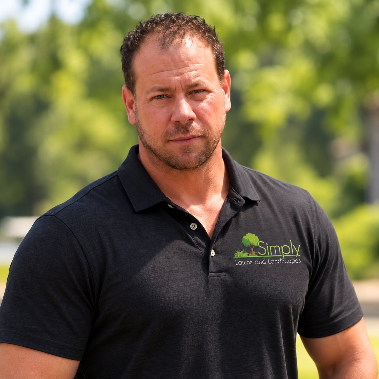 Simply Lawns and Landscapes team member wearing a company-branded polo shirt outdoors